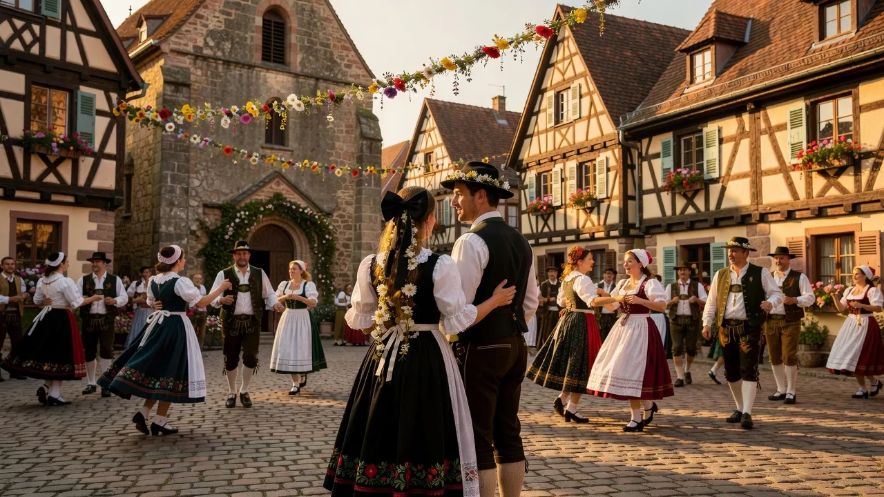 Couple en tenue traditionnelle alsacienne lors d'un mariage avec costumes typiques et coiffes de la région