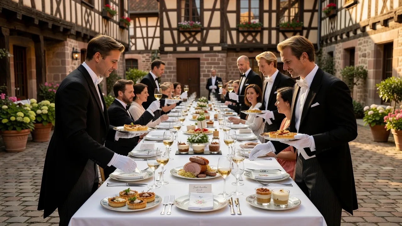 Table de mariage alsacienne dressée avec spécialités régionales, vins d'Alsace et décoration traditionnelle